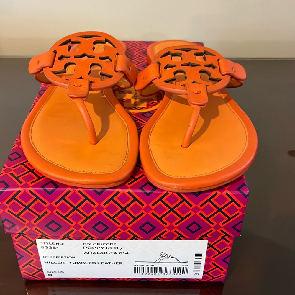 Tory Burch poppy red miller tumbled leather sandal